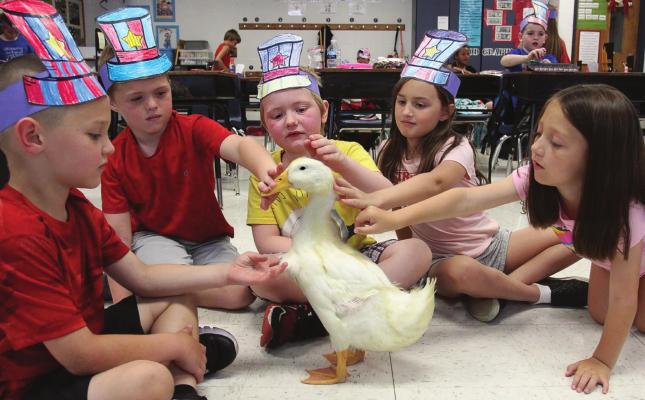 A GROUP of 7-year-olds interacts with Mighty Sparky Duckerton in Kerra Bowers’ classroom at Sunrise Elementary School. From left are Breyden Erickson, Jaxx Hicks, Zarek WightHayden, Amarie Hyder and Presley Minnick. J.C. VENTIMIGLIA | Staff