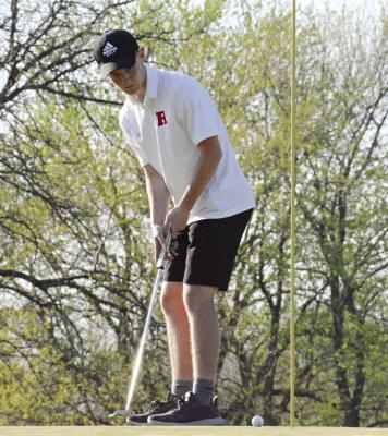 RICHMOND JUNIOR Morgan Battagler, seen here putting at the end of his round in a dual with Odessa Monday at Shirkey Golf Course, has joined an elite group of golfers who’ve made a hole-in-one. SHAWN RONEY | Staff
