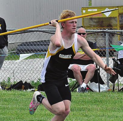 BLAKE BUCHANAN goes into his run to attempt a javelin throw May 8 during Class 1 District 7 competition on the Midway School District campus. SHAWN RONEY | Staff