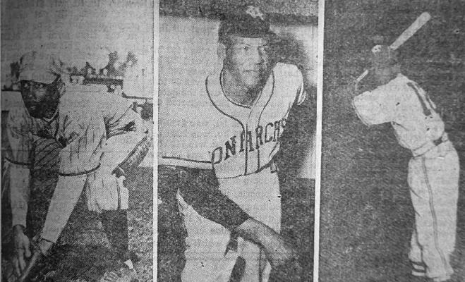 Herb Souell (3b) John O’Neil (Mgr) Elston Howard (lf) THIS TRIO OF MONARCH players were seen in action at the Legion Memorial Park playing the Richmond Red Sox. The Kansas City Monarchs were champions of the first half of the Negro American League.