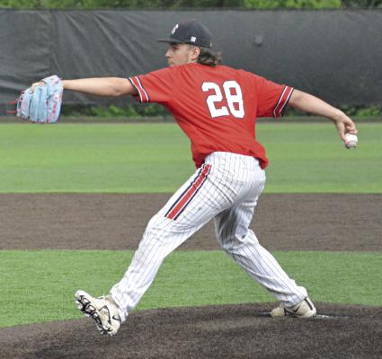 STARTER NOAH STEVENS-BREHM strides toward home plate as he delivers a pitch.