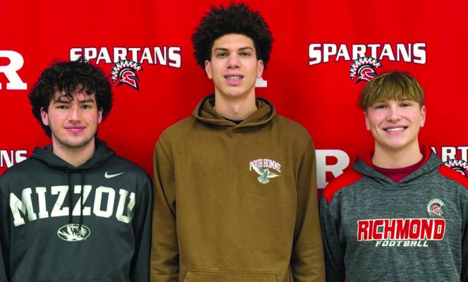 TANNER BROWN (from left), Gabriel Johnson and Tristin McCoy are candidates for RHS Mat/Court Warming king, with coronation Friday between basketball games. Submitted
