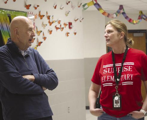 STATE REP. TERRY THOMPSON meets with Sunrise Elementary Principal Sara Terrill while visiting the school to hear about concerns and priorities impacting students and staff. SHARON DONAT | Staff