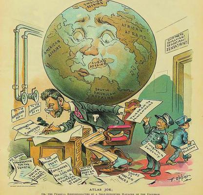 CALLED “Atlas Joe” or “The Fearful Responsibilities of a Self-Appointed Manager of the Universe,” this Puck Magazine cartoon dating to 1896 pokes fun at a journalism icon, Joseph Pulitzer. The sign over the door at right states, “Our Motto – Sensation! Sensation! Sensation!!” PUCK MAGAZINE, 1896 | Library of Congress