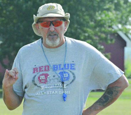 ORRICK VARSITY 8-MAN football coach Kirk Thacker addresses his Bearcats Monday as they prepare for Friday’s meeting with visiting Paris. SHAWN RONEY | Staff