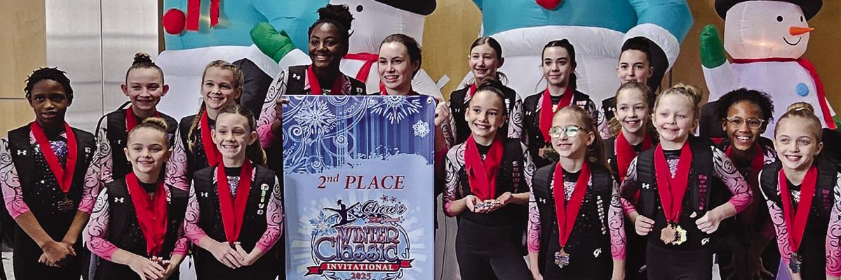 THE NORTHWEST GYMNASTICS Excel Gold Team secures second place overall at the recent Chows Winter Classic competition in Des Moines, Iowa. The team members include Mila Persell (front row, from left), Olive Behler, Summer Lawson, Jacqueline Wood, Mikierah Sunderland, Brooklyn Davis, Addie Effenheim and Brooklyn Braune. Back row: Gabi Hopper, Rylee Pensick, Haisley Taylor, Dalia Hopper, Sarah Howerton, Ellie Evans, Madi Ray and Brooklyn Pahlar. Submitted