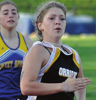 ORRICK SOPHOMORE Kirra Vaughn runs in the girls 200-meter dash April 29 at the Bill Hamann Invitational at Lexington. SHAWN RONEY | Staff