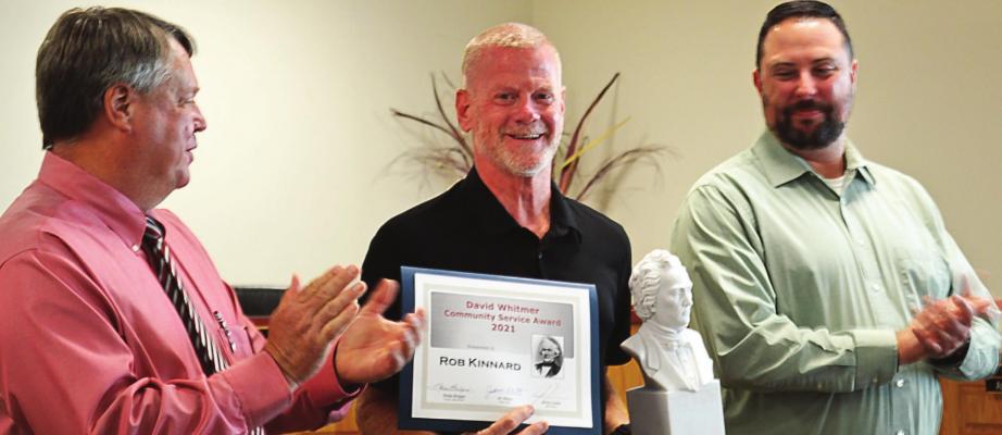 FROM LEFT are Mayor Mike Wright, 2021 David Whitmer Community Service Award recipient Rob Kinnard and 2020 award recipient Jimmy Carter.