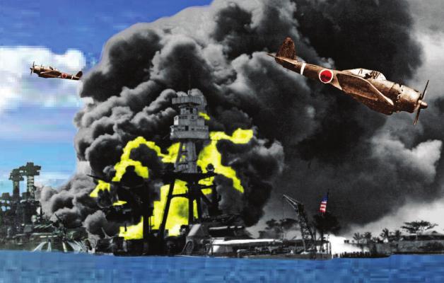 THIS DEPICTION of the Pearl Harbor attack, created from photographs and colorized, shows the USS Tennessee, left, using hoses to push away oil after the USS Arizona is struck by Japanese war planes and left spewing flames and smoke against the blue Hawaiian sky. Fire raged more than two days. J.C. VENTIMIGLIA | Staff