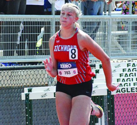 KAYLEE PUGH pushes herself during the finals of the girls 100-meter dash May 27 at the Class 3 state track and field meet at Jefferson City High School. Pugh, who recently finished her junior year, finishes eighth. SHAWN RONEY | Staff