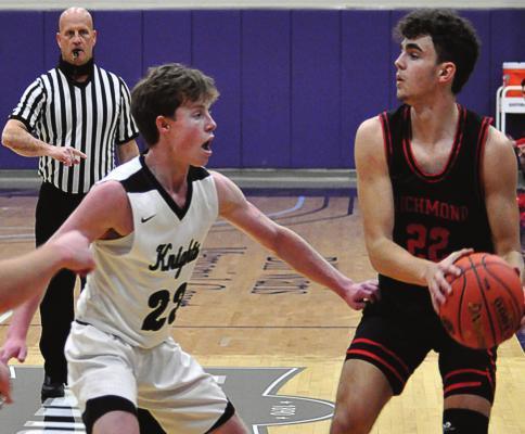 SENIOR WYATT COVEY looks to pass in what turns out to be his final game with Richmond’s varsity boys basketball team, a heartbreaking Class 4 state quarterfinal loss to The Barstow School. SHAWN RONEY | Staff