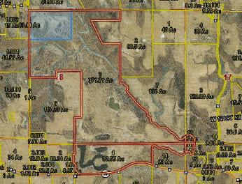 THE ORANGE OUTLINE is the Ray Rocks Offroad Resort land. Circled in red was the nearly 20 acres which was the Submitted topic of the past Ray County Commissioners meeting.