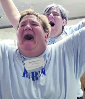 KAREN PARK (front) celebrates with teammate Ayla Joy after their first-place finish in Missouri Special Olympics bowling. Submitted