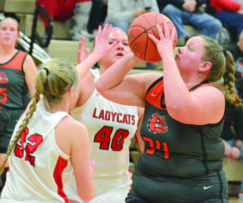 HANNAH FINLEY (right), a Hardin-Central junior, attempts a contested shot.