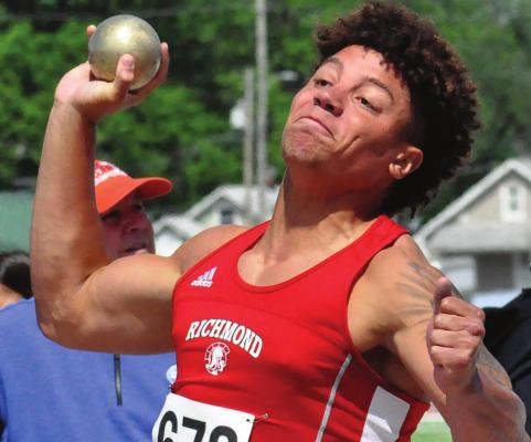 KEYSHAUN ELLIOTT attempts a shot put throw during Class 3 state competition in Jefferson City. Elliott goes on to help two Richmond boys relay teams set school records, one of them a state championship finish. SHAWN RONEY | Staff