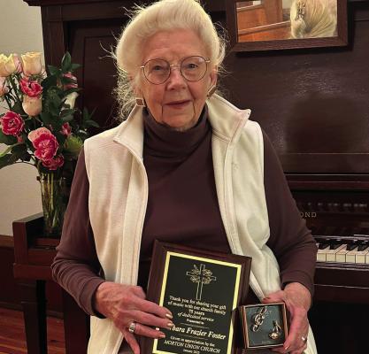 BARBARA FOSTER is recognized by members of Morton Union Church for 75 years of dedicated service, playing the piano for services since age 16. Submitted