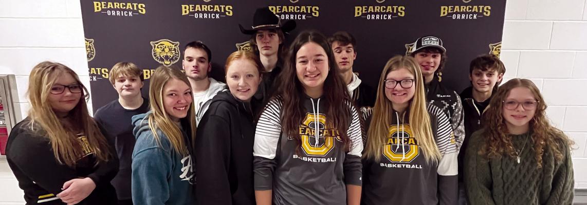 ORRICK HIGH SCHOOL COURT WARMING is set for about 7 p.m. Feb. 10 in the Orrick High gymnasium. Candidates are: back row, from left, Logan Smith, Hunter Spear, Zander Stevinson, Luke Smith, Mason Kusters and Alan Atkins; front row, Elana Boude, Kaitlin Leader, Maddie Norton, Natalie Williams, Jasmine Evans and Keianna Cook. SOPHIA BALES | Staff