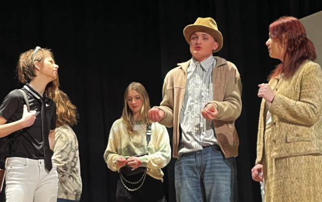 FROM LEFT, EVE TOMPKINS, JAZLIN JAMESON, Hannah Hays, Jazspher Ulleberg, Ally Fisher and Rori Linder star in “ 12 Incompetent Jurors” by Ian McWethy. The local high schoolers have been working hard, said theater teacher Shari Donaldson. SOPHIA BALES | Staff