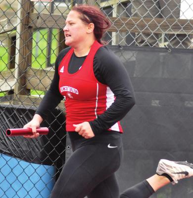 MACKENZEY PEACH pushes herself during her leg of the girls 800-meter relay in Class 3 Sectional 4 competition May 22 at Odessa. The postseason ends for Peach and her Richmond relay teammates, who are pleased with their season. SHAWN RONEY | Staff
