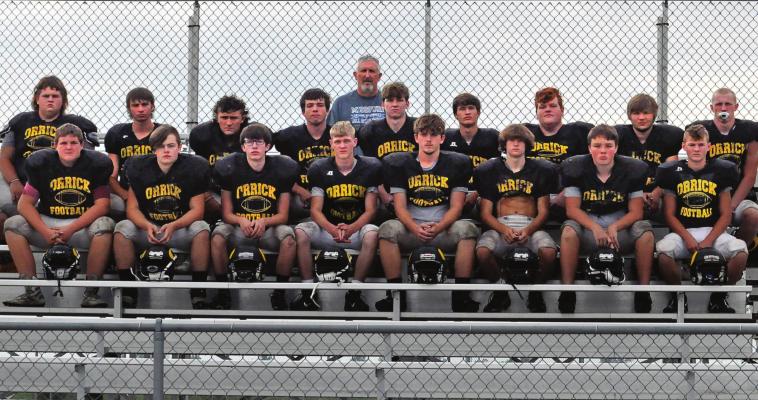 MEET THE BEARCATS, Orrick’s varsity 8-man football team. Pictured are, from left, front row, Maddox Peterson, Ashton Toland, Jonathon Harris, Gunner Smith, Tucker Greer, Jeff Rohde, Ryan Werle and Brecken Butler; second row, Mason Furner, Hunter Spear, Milo Nay, Nolan Werle, Chanler Woods, Zander Stevinson, Ross Greer, Mason Merritt and Blake Buchanan; back row, Kirk Thacker, head coach. SHAWN RONEY | Staff
