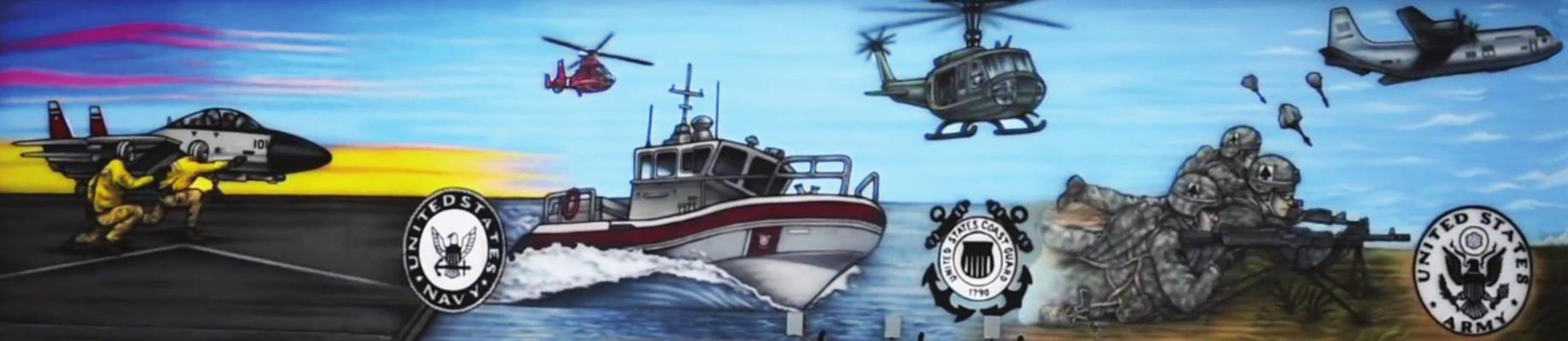 THIS SEGMENT is part of the larger mural honoring the armed services on the wall of Lawson Veterans of Foreign Wars Post 6278.
