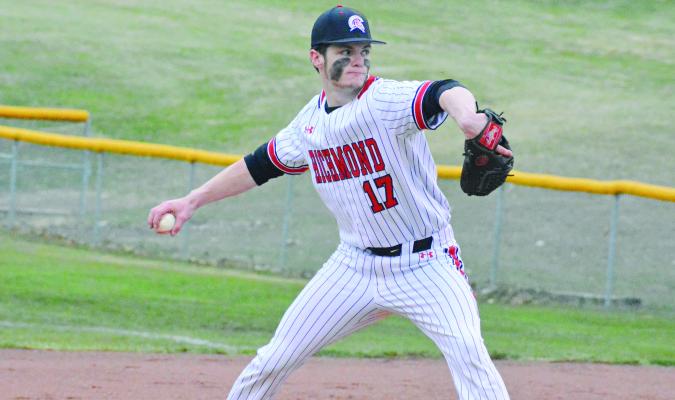 SENIOR BRYCE WAGNER, seen here facing Lafayette County of Higginsville March 30 at Southview Park, is among a trio of Richmond pitchers who’ve thrown well this season, according to Richmond varsity baseball coach Nick Persell. SHAWN RONEY | Staff