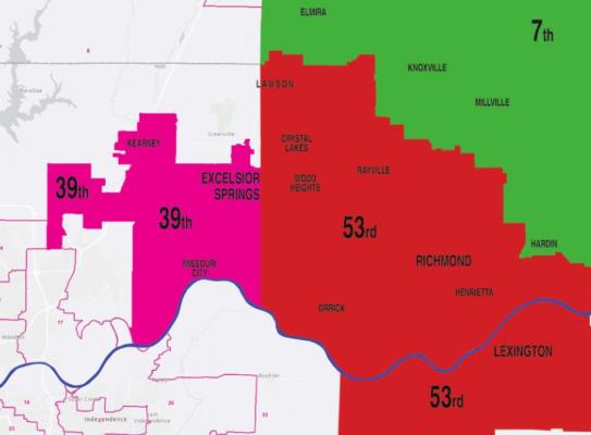 RAY COUNTY CLERK Glenda Powell starts work to get voters in the right legislative districts before Gov. Mike Parson receives the eventual, approved map last week from the General Assembly. She says her office started the work because she knew there would not be enough time if she, like lawmakers, had waited until the last minute. This map shows the new Missouri House boundaries for Ray County.