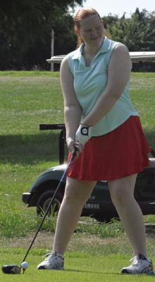 SYDNEY EASTON prepares to tee off as she and her Richmond teammates play a few practice holes at Shirkey Golf Course. Coached by Breann Battagler, the Richmond girls are slated to open their season Sept. 1 with a triangular with Clinton and Harrisonville at Meadow Lake Golf Course. SHAWN RONEY | Staff