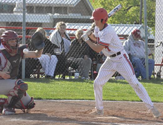 CADEN PAIGE (right) takes a pitch during Richmond’s 5-3 loss to Warrensburg. Trailing 4-0, the Spartans attempt to rally, scoring three runs before Warrensburg tacks up its final run. The Spartans follow Monday’s home defeat by tumbling 11-1 Tuesday at Carrollton, putting them at 4-7 entering a four-game homestand that begins April 21.