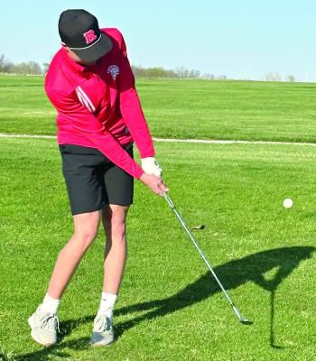RICHMOND JUNIOR Mattox McCloud attempts a chip shot during a Missouri River Valley Conference-East Division triangular with Lafayette County of Higginsville and Carrollton. BRANDON RITTMILLER | Submitted