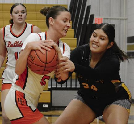 SENIOR ESTER KINCAID (front, left), shown during district play, is taking her basketball skills from Hardin-Central to the University of St. Mary in Leavenworth, Kan. SHAWN RONEY | Staff