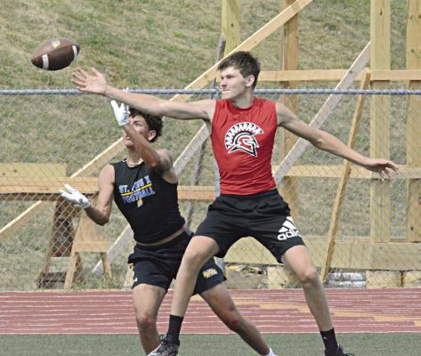 A 200-500 mm lens proves handy in capturing action that’s on the other side of the football field from the camera, as is the case with this photo of a fight for a pass during Richmond’s 7-on-7 scrimmage with St. Pius X of Kansas City in June at Tiger Stadium in Excelsior Springs. SHAWN RONEY | Staff