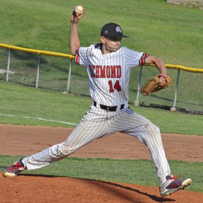 WESTON ALLEN bears down during Richmond’s 13-3 week-opening loss to Holden. The Missouri River Valley Conference-East Division defeat kicks off a four-game homestand, which includes divisional meetings with Knob Noster Tuesday and Lexington Thursday.