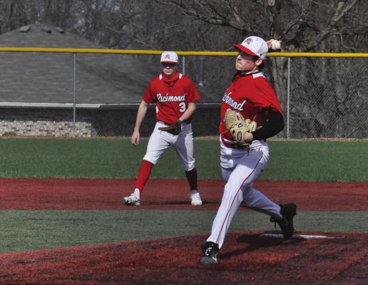 FRESHMAN PITCHER Jagger Shepard rears back to pitch during Richmond’s March 27 meeting with Lexington/Norborne in tournament play at Odessa. SHAWN RONEY | Staff