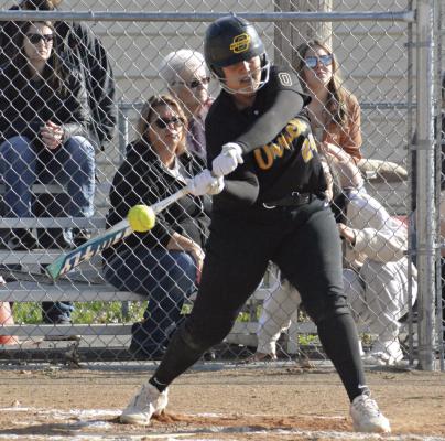 VICKY GRAVES takes a swing during Orrick’s April 5 varsity home meeting with Sweet Springs. Coach Chase Sims has been impressed with the improvement Orrick has made at the plate since the season began. SHAWN RONEY | Staff