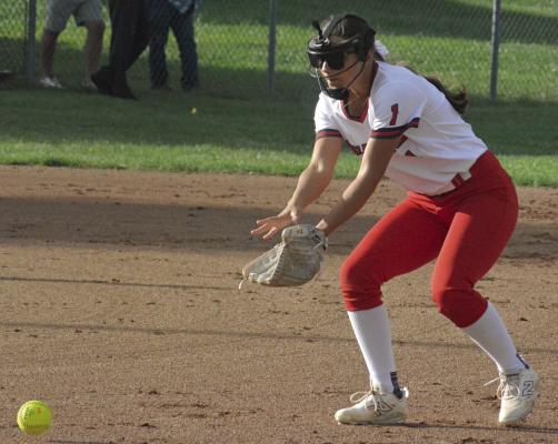 MAYA GRIFFIN WORKS on her fielding during Richmond’s Senior Night meeting with Knob Noster. Griffin was honored as the sole Spartan senior between the varsity and junior varsity games. SHAWN RONEY | Staff
