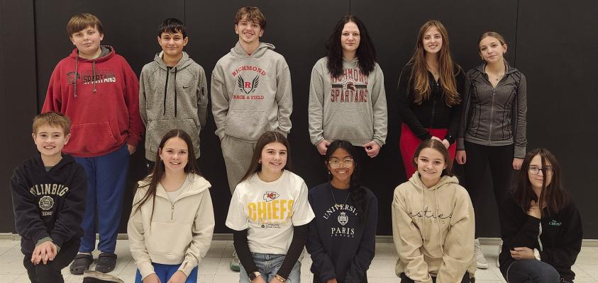 STUDENTS AT RICHMOND Middle School achieving perfect attendance during the first semester include Liam Littrell(front row, from left), Hadley Burgee, Harper Hockemier, Erianna Elegino, Melody Gardner and Zyri Myers; back row, Tyson Sharp, Dallas Hurst, Trycen McCoy, Avery Logsdon, London Calvert and Millie Niemeier. Not Pictured Kinley Suha, Madison Clevenger, Kane Staley and Tekoa Pruitt. Submitted