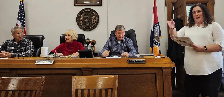 COMMISSIONERS MAX HOCKEMEIER (from left), Shelia Tracy and Bobby Don Davis review materials as MU Extension Engagement Specialist Chelsea Corkins presents budget and program information. MIRANDA JAMISON | Staff