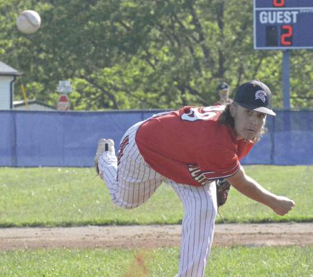 NOAH STEVENS-BREHM, a first-year high schooler, watches one of his pitches sail toward the plate during Richmond’s May 3 Missouri River Valley Conference-East Division road meeting with Lexington. SHAWN RONEY | Staff