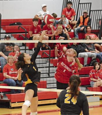 ANELA FLETCHER of Orrick (left) and Addison Burk fight for control at the net as the crowd watches Sept. 12 at Richmond High School. SHAWN RONEY | Staff