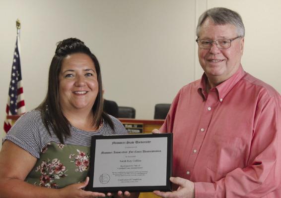 RICHMOND COURT CLERK Sarah Collins (left) is recognized by Mayor Mike Wright for earning her court administrator certification and appointment as Region Six Director. SHARON DONAT | Staff