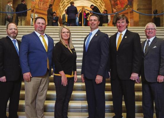 MISSOURI SOYBEAN ASSOCIATION leaders include, from left, Gary Wheeler, Missouri Soybean CEO/executive director; Cody Brock, treasurer; Renee Fordyce, vice president; Matt Wright, president; Peter Rost Jr., secretary; and Ray County’s Ronnie Russell, past president.