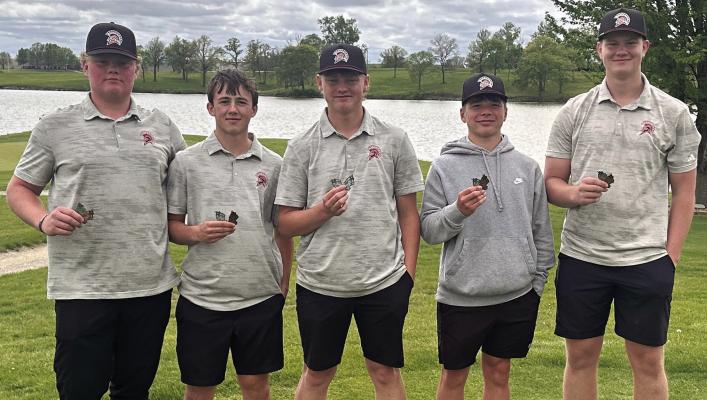 THE RICHMOND BOYS golfers Amos Farnan (from left), Logan Moyer, Isaac Kaylor, Latimer Cavanah and Brody Farnan take home medals from the Husker Invitational. BRANDON RITTMILLER | Submitted