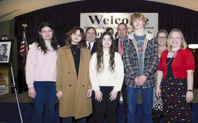 FROM LEFT, CHLOEE HACHMAN, Julia Sayegh, Lt. Gov. Mike Kehoe, Hannah Adams, Secretary of State Jay Nixon, Gunner Smith, Missouri Art Education Association President Kim Powell and Orrick art teacher Cassie Smith are ready to tour the art show. CASSIE SMITH | Submitted