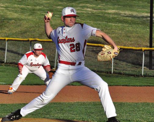 FRESHMAN RELIEVER Jagger Shepard bears down for the Spartans on April 1 during their home opener with Lafayette County of Higginsville. SHAWN RONEY | Staff