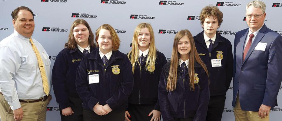 HARDIN-CENTRAL INSTRUCTOR Joe Robinson (from left); Hardin-Central students Sophie Dial and Kadence Quick; and Richmond students Allison Coats, Grace Bozarth and Jeremiah Silkwood, along with Richmond instructor Charles Foreman. The Ray Countians had a successful trip and learned much while in the state Capitol. Submitted