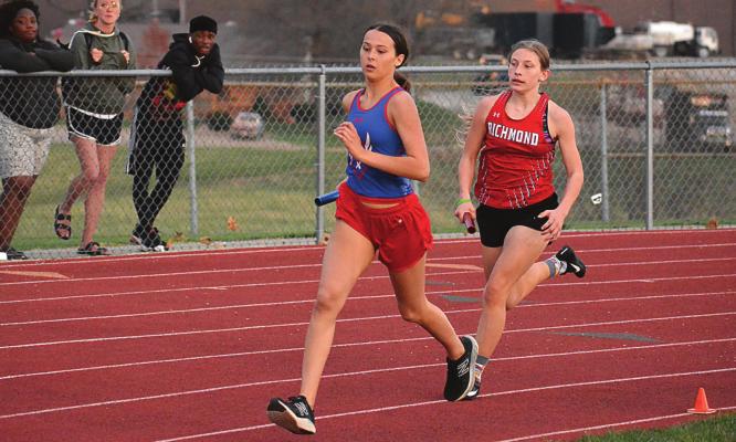 SOME TIME after helping Richmond win the girls 800-meter relay and take second in the 400 relay, sophomore Brook Weber runs a leg of the 1,600 relay at the Hoot Middleton Invitational on Tuesday at Richmond High School. SHAWN RONEY | Staff