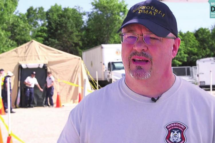 LARRY WOODS is among the Missouri Disaster Medical Assistance Team members who works during an earthquake drill on how to respond to a disaster. Now, COVID-19 has moved the team from drills to the real thing.