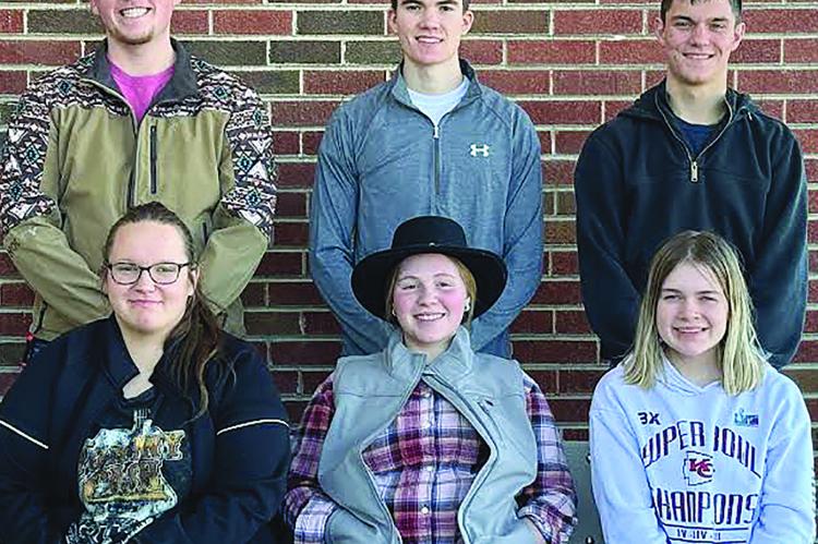 HARDIN KING courtwarming candidates are Jesse Doyle (from left, back row), Drew Hawkins and Kameron Pugh. Hardin queen courtwarming candidates are Kelsie Covey (front row), Kady Musselman and Miranda Smith.