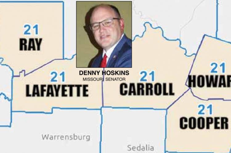 THIS MAP of the proposed 21st Senatorial District takes in the top half of Clay County, including Excelsior Springs, plus all of Ray, Lafayette, Carroll, Howard and Cooper counties. Sen. Denny Hoskins, who lives in Johnson County, would represent the new district until his term ends in two years. J.C. VENTIMIGLIA | Staff